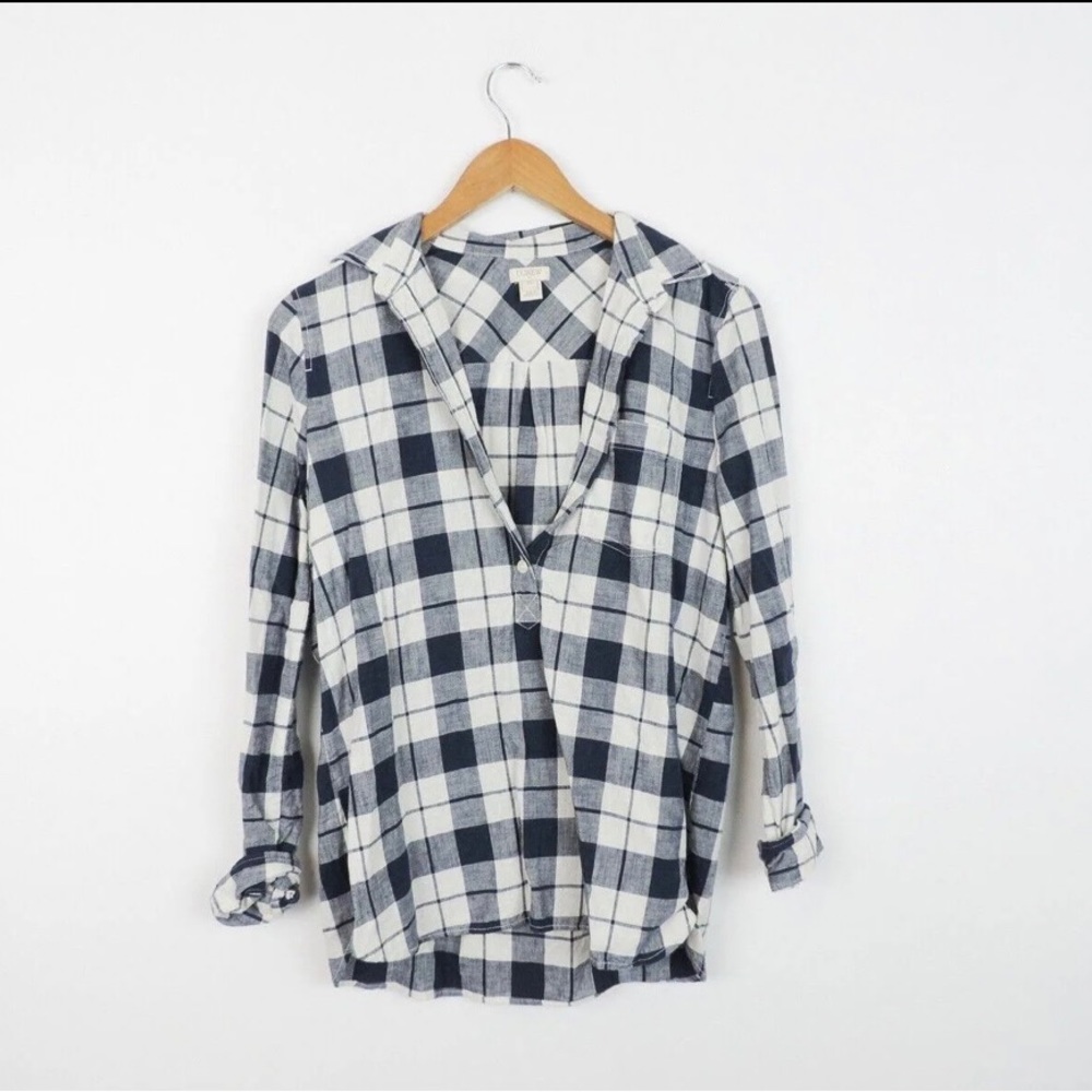 Women's J Crew Navy & White Plaid Popover Button Down Shirt petite medium